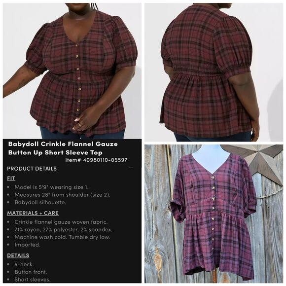 Plaid Babydoll Top Torrid Plus Size 2X Smocked Puff Sleeve Button Stretch Gauze - Picture 6 of 9